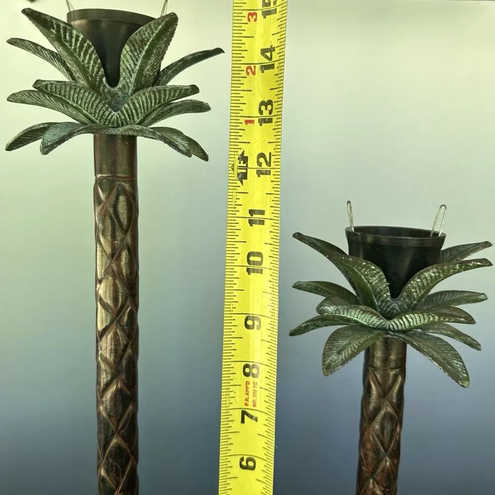 Vintage Palm Tree Candle Holders Hollywood Regency Safari Lodge Colonial Pair